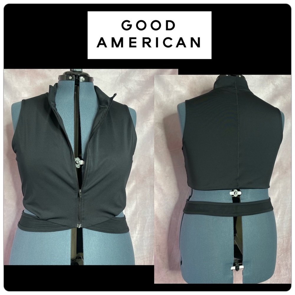 Good American Black Zip-Front Wrap Around Active Top Size 22/24